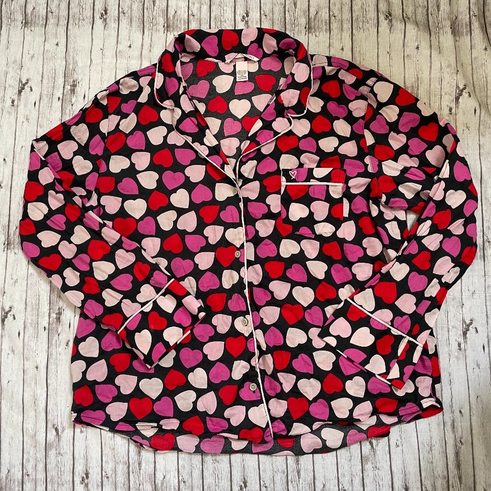 VICTORIA'S SECRET Button Down Pajama Shirt Sleep Top Women's Sz Large Hearts